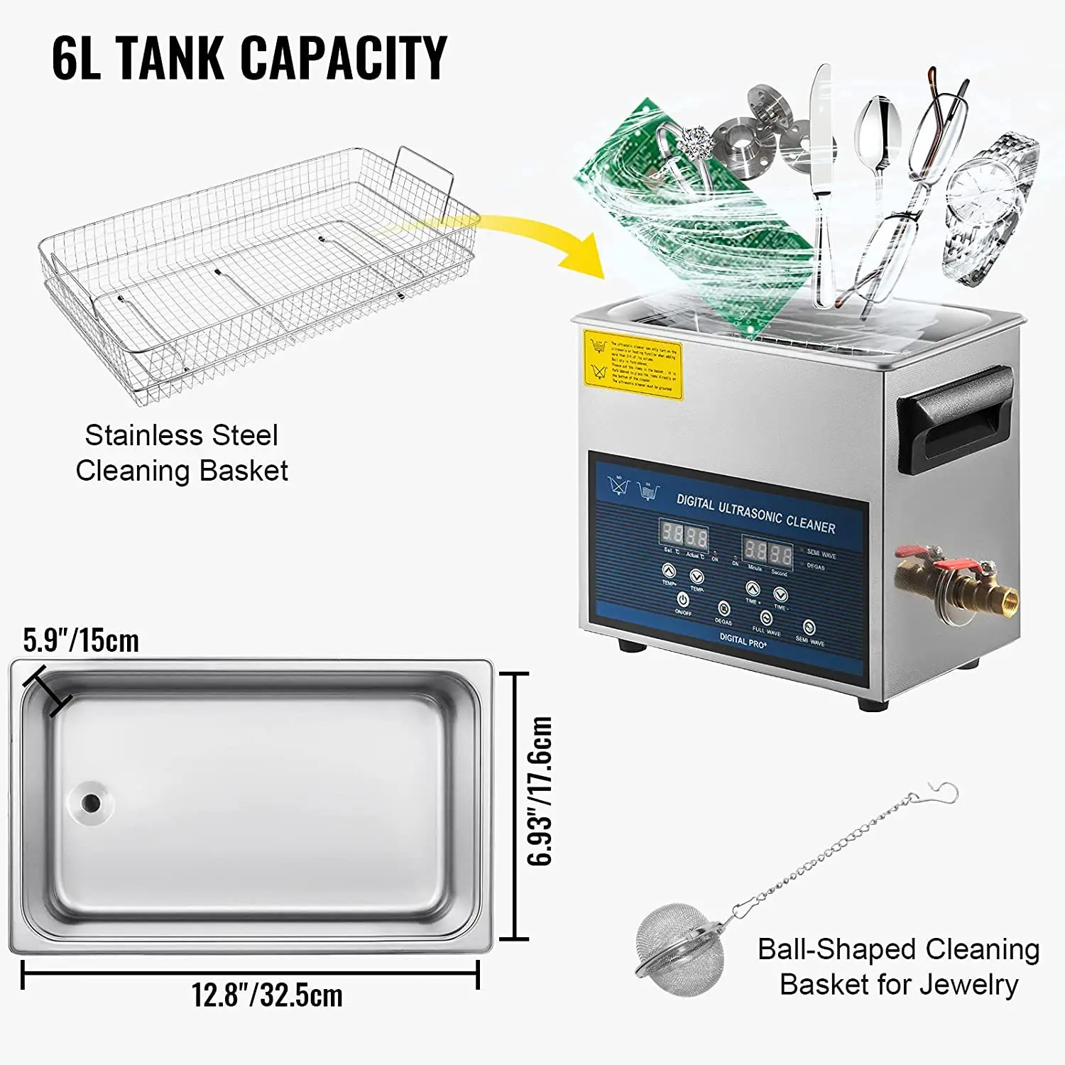 Ultrasonic Jewelry Cleaner Digital Timer - 6L Professional Ultrasonic Cleaner Jewelry/Glasses/Tools Digital